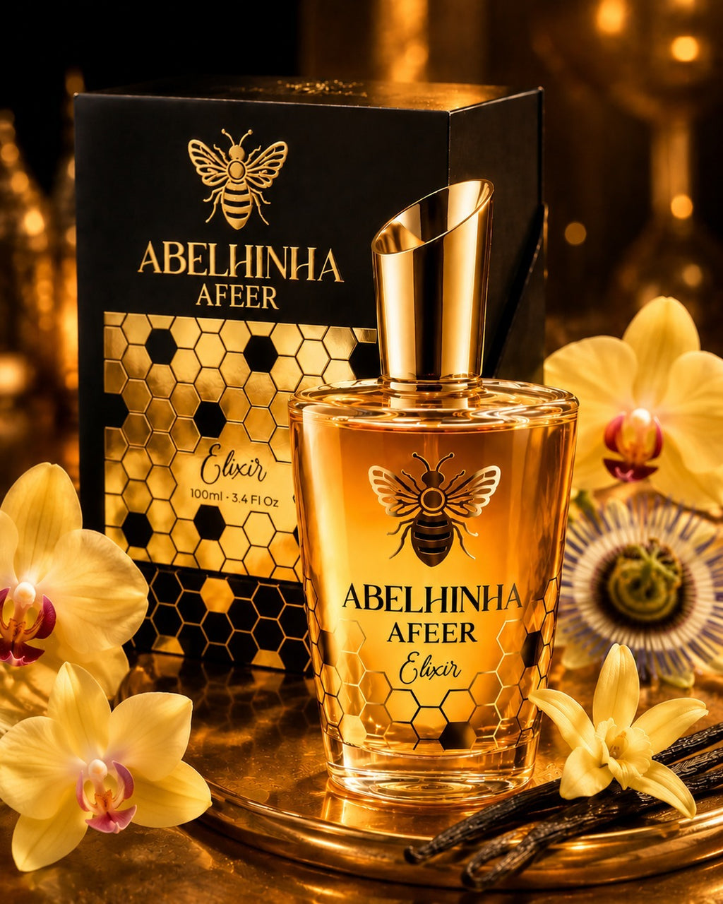 Abelhinha Elixir Afeer 100ml, Perfume de luxo, Embalagem elegante e sofisticada.