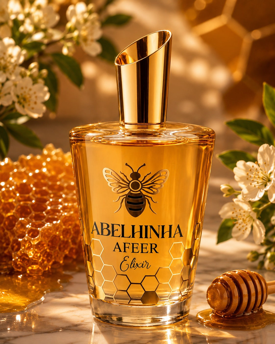 Abelhinha Elixir Afeer 100ml, Perfume de luxo, Embalagem elegante e sofisticada.