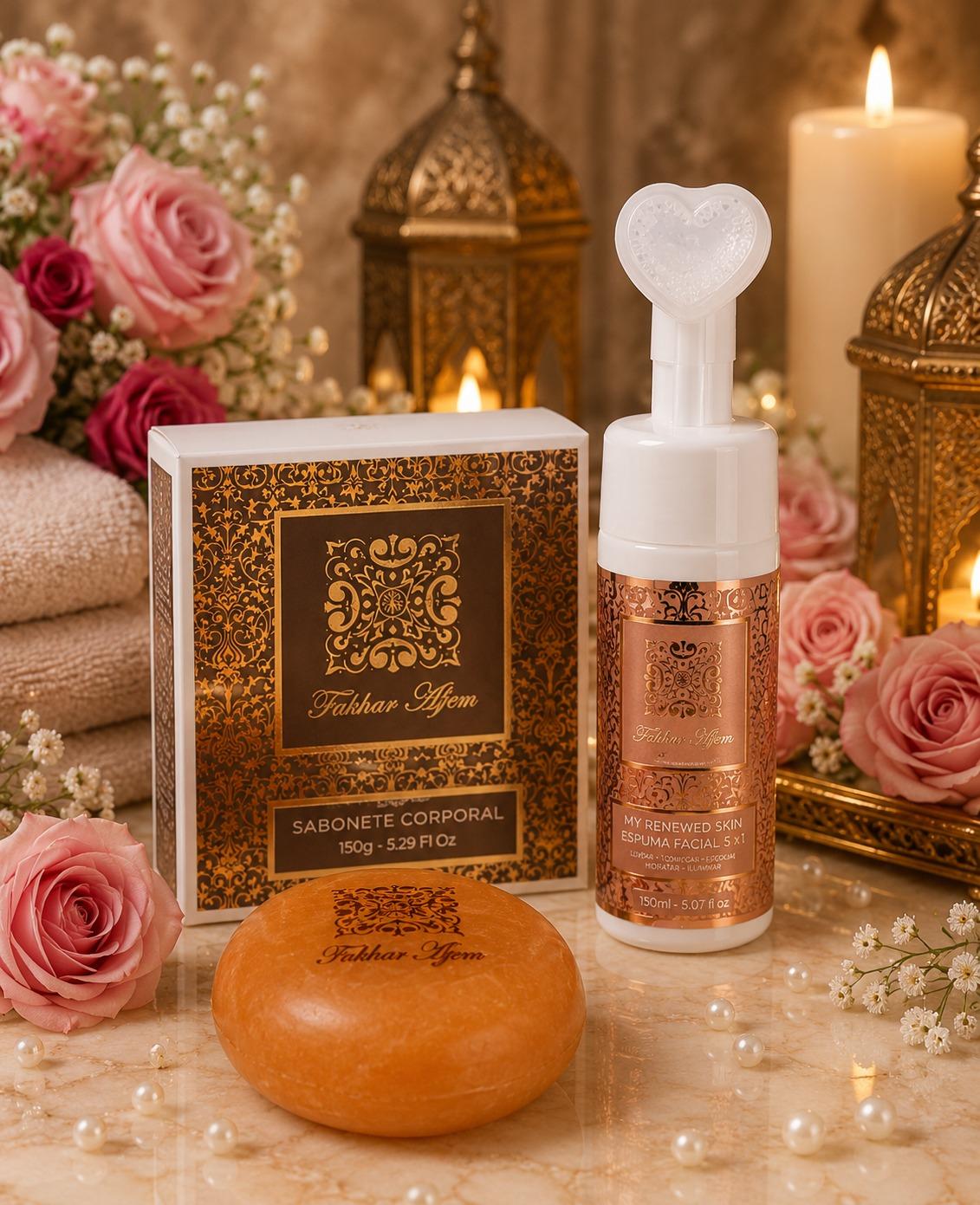 Kit Auto Cuidado Fakhar Rose ( KIT SABONETE 3 UNIDADES + ESPUMA FACIAL 3 EM 1)