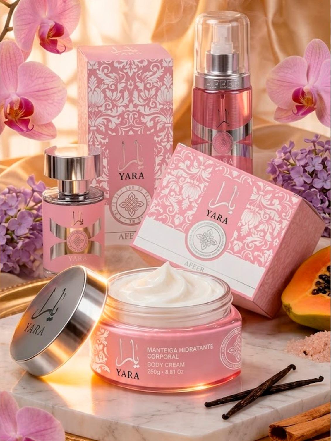 kIT YARA AFEER SUPER CHEIROSA (1 body and hair perfume (perfume cabelo e corpo) 200ml  1 perfume 30ml Eua de Parfun  1 pasta manteiga hidratante 250g)